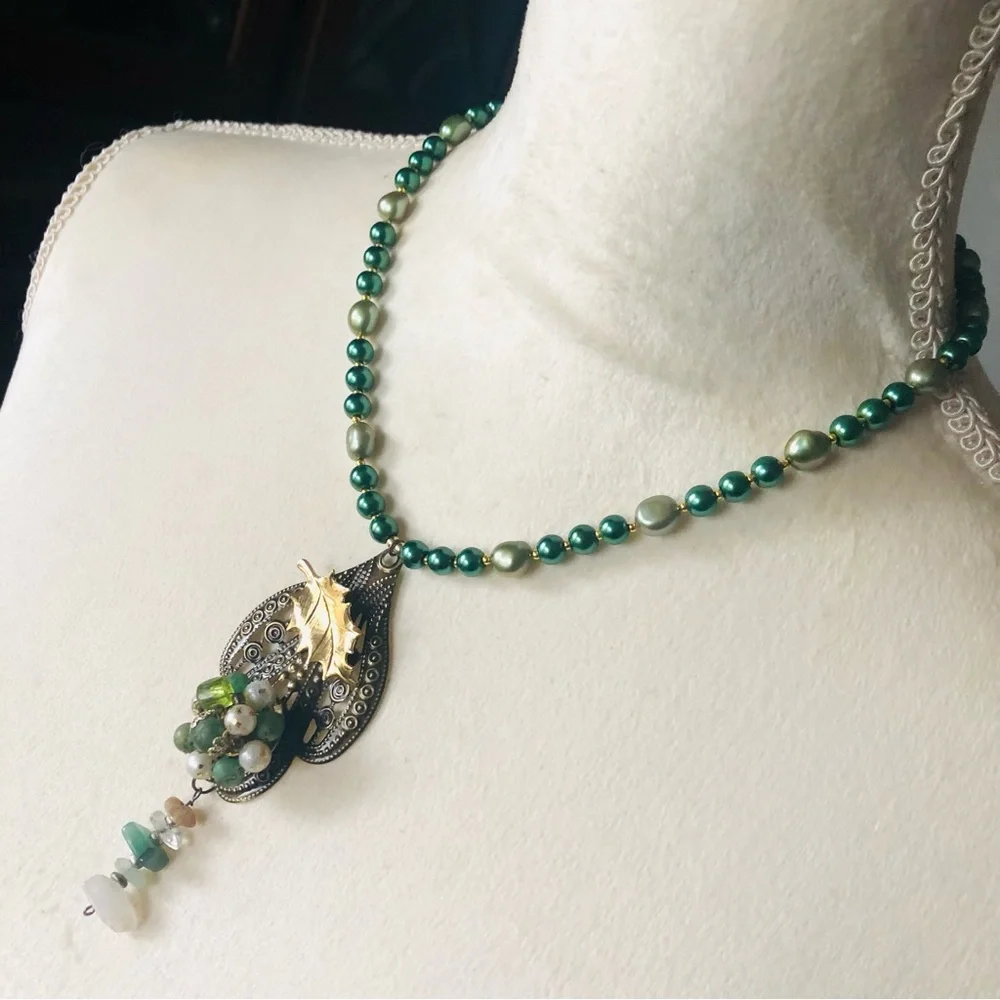 Handcrafted repurpose sage freshwater brass pendant Czech glass Pearl necklace